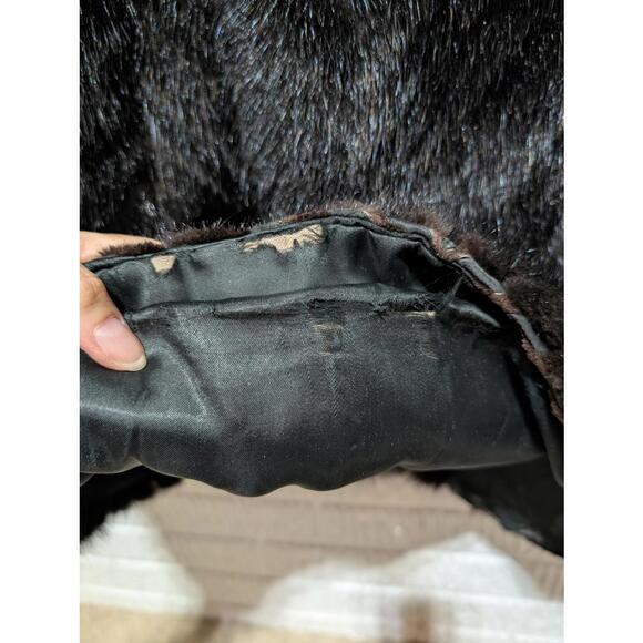 Full Length Black Beaver Chevron Patterned Fur Coat W/Plush Fox Collar SZ M - Picture 8 of 9